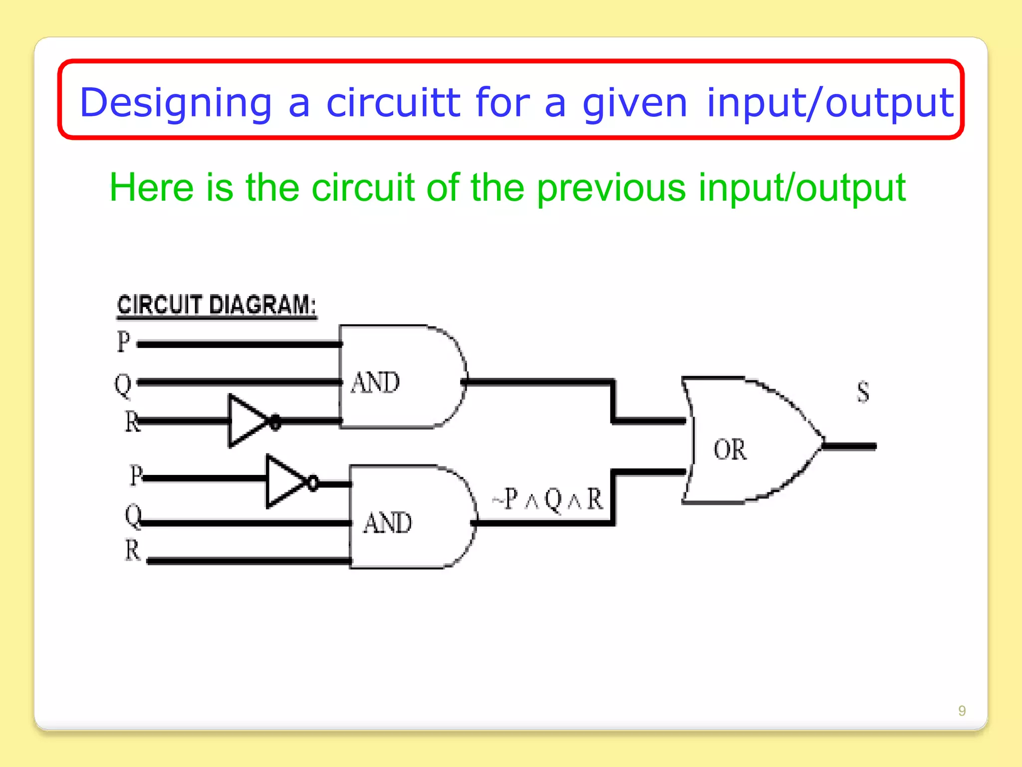 Designing a circuitt for a given input/output
Here is the circuit of the previous input/output
9
 