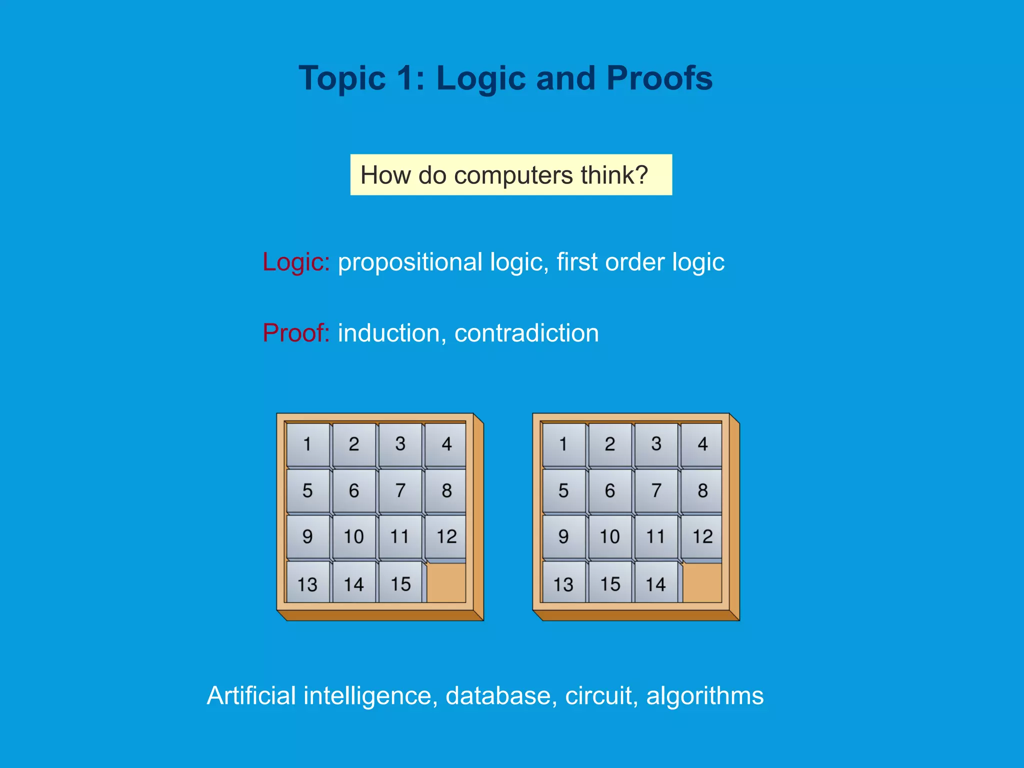 Topic 1: Logic and Proofs
Logic: propositional logic, first order logic
Proof: induction, contradiction
How do computers think?
Artificial intelligence, database, circuit, algorithms
 