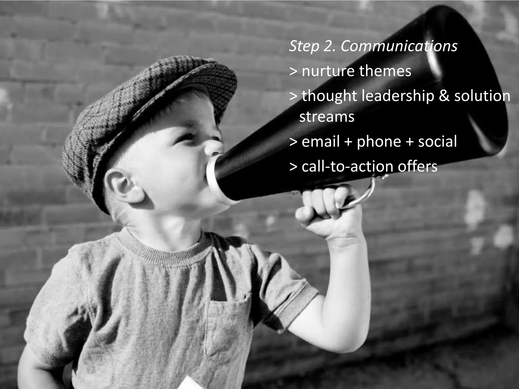 Step 2. Communications
           > nurture themes
           > thought leadership & solution
            streams
           > email + phone + social
           > call-to-action offers




Slide 18
 