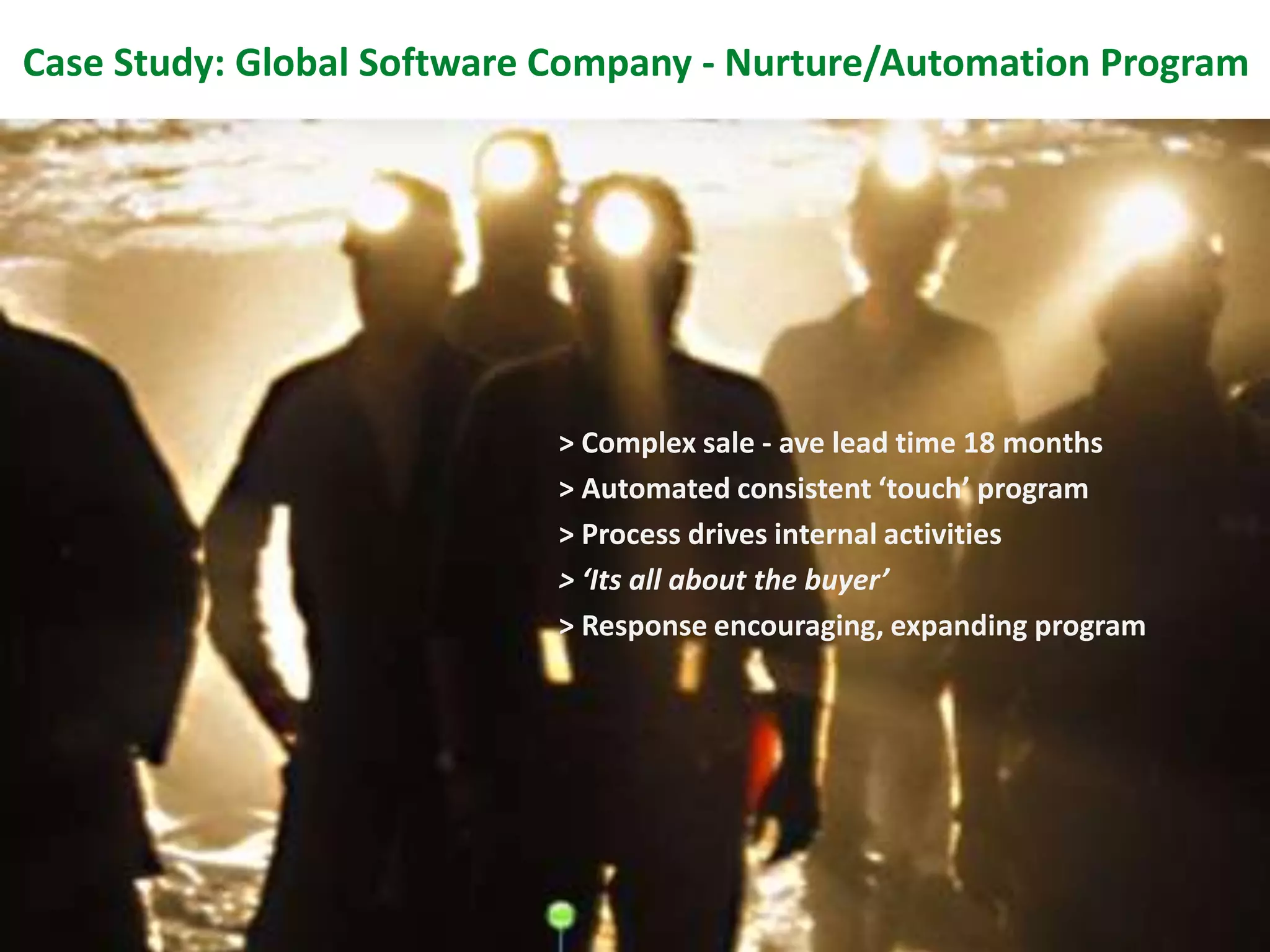Case Study: Global Software Company - Nurture/Automation Program




                           > Complex sale - ave lead time 18 months
                           > Automated consistent ‘touch’ program
                           > Process drives internal activities
                           > ‘Its all about the buyer’
                           > Response encouraging, expanding program




 Slide 33
 