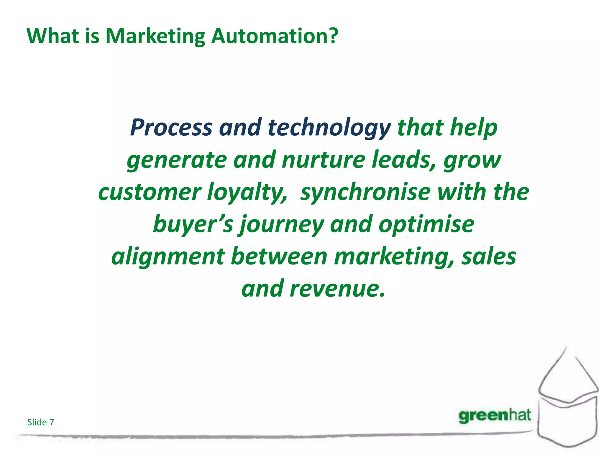 What is Marketing Automation?


             Process and technology that help
            generate and nurture leads, grow
          customer loyalty, synchronise with the
               buyer’s journey and optimise
           alignment between marketing, sales
                       and revenue.



Slide 7
 