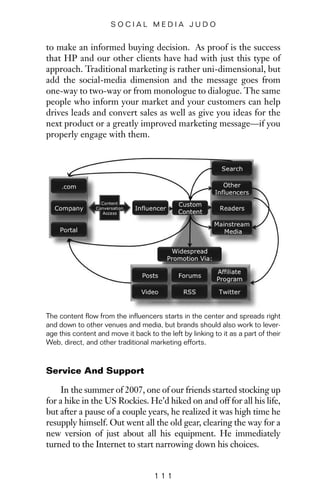 to make an informed buying decision. As proof is the success
that HP and our other clients have had with just this type of
approach. Traditional marketing is rather uni-dimensional, but
add the social-media dimension and the message goes from
one-way to two-way or from monologue to dialogue. The same
people who inform your market and your customers can help
drives leads and convert sales as well as give you ideas for the
next product or a greatly improved marketing message—if you
properly engage with them.
1 1 1
S O C I A L M E D I A J U D O
The content flow from the influencers starts in the center and spreads right
and down to other venues and media, but brands should also work to lever-
age this content and move it back to the left by linking to it as a part of their
Web, direct, and other traditional marketing efforts.
Service And Support
In the summer of 2007, one of our friends started stocking up
for a hike in the US Rockies. He’d hiked on and off for all his life,
but after a pause of a couple years, he realized it was high time he
resupply himself. Out went all the old gear, clearing the way for a
new version of just about all his equipment. He immediately
turned to the Internet to start narrowing down his choices.
 
