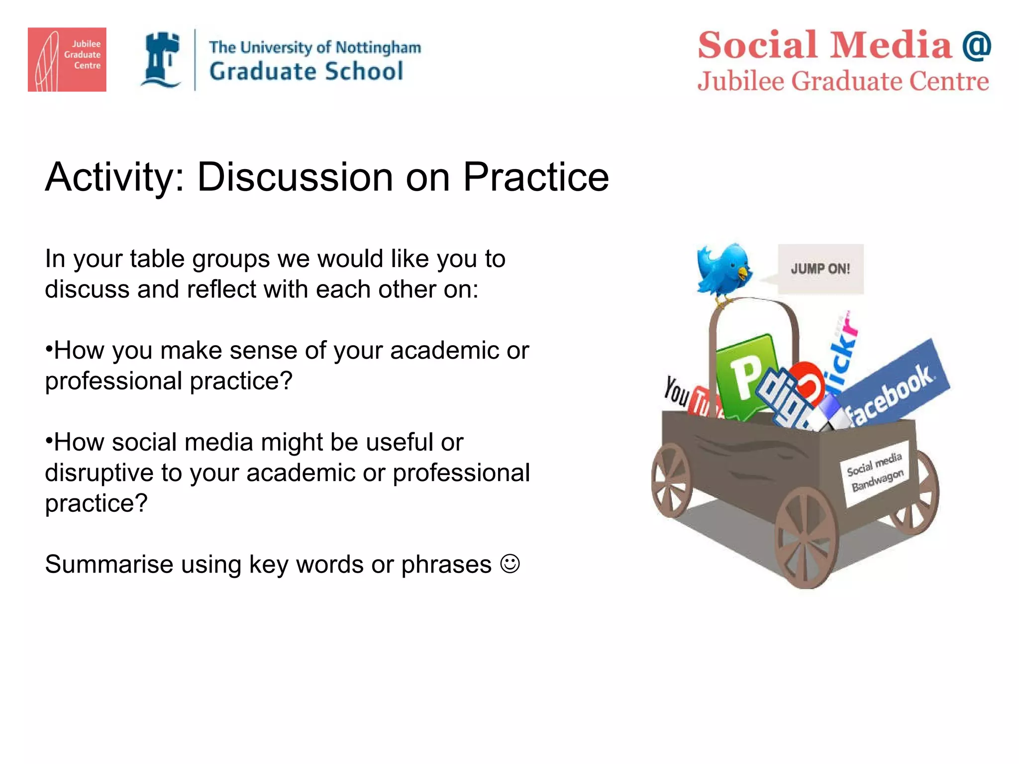 Activity: Discussion on Practice In your table groups we would like you to discuss and reflect with each other on: How you make sense of your academic or professional practice? How social media might be useful or disruptive to your academic or professional practice? Summarise using key words or phrases   