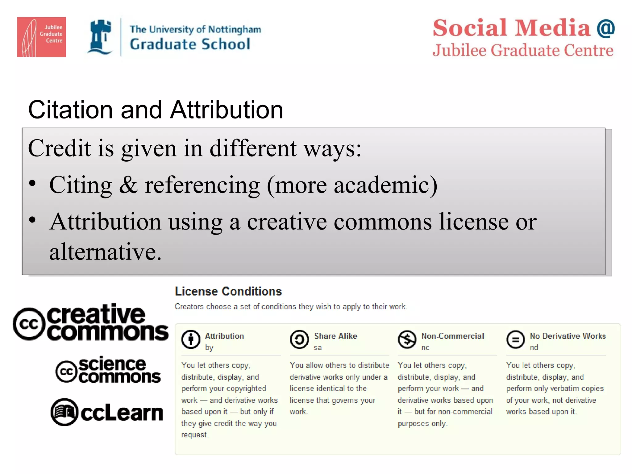 Citation and Attribution Credit is given in different ways: Citing & referencing (more academic) Attribution using a creative commons license or alternative.  
