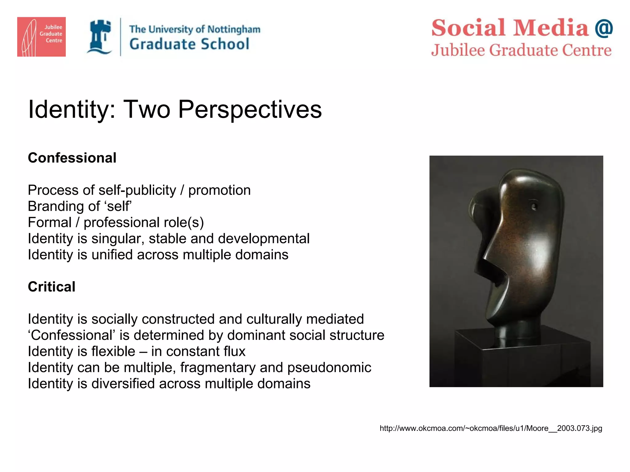 Identity: Two Perspectives Confessional Process of self-publicity / promotion  Branding of ‘self’ Formal / professional role(s) Identity is singular, stable and developmental Identity is unified across multiple domains Critical Identity is socially constructed and culturally mediated ‘ Confessional’ is determined by dominant social structure Identity is flexible – in constant flux Identity can be multiple, fragmentary and pseudonomic Identity is diversified across multiple domains http://www.okcmoa.com/~okcmoa/files/u1/Moore__2003.073.jpg 