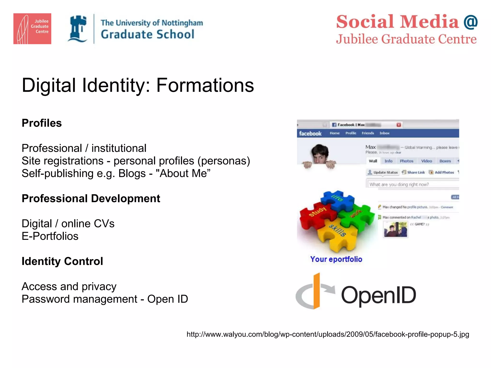 Digital Identity: Formations Profiles Professional / institutional Site registrations - personal profiles (personas) Self-publishing e.g. Blogs - &quot;About Me” Professional Development Digital / online CVs E-Portfolios Identity Control Access and privacy Password management - Open ID http://www.walyou.com/blog/wp-content/uploads/2009/05/facebook-profile-popup-5.jpg 