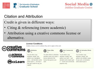 Citation and Attribution Credit is given in different ways: Citing & referencing (more academic) Attribution using a creative commons license or alternative.  