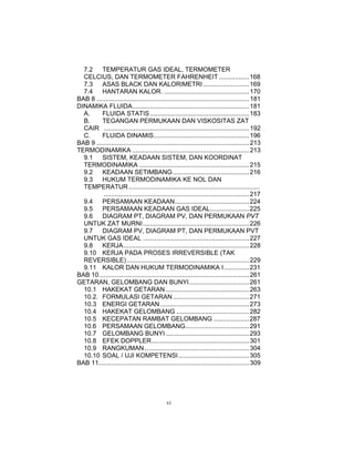 7.2    TEMPERATUR GAS IDEAL, TERMOMETER
  CELCIUS, DAN TERMOMETER FAHRENHEIT ................. 168
  7.3    ASAS BLACK DAN KALORIMETRI .......................... 169
  7.4    HANTARAN KALOR. ................................................ 170
BAB 8 ...................................................................................... 181
DINAMIKA FLUIDA.................................................................. 181
  A.     FLUIDA STATIS ........................................................ 183
  B.     TEGANGAN PERMUKAAN DAN VISKOSITAS ZAT
  CAIR .................................................................................. 192
  C.     FLUIDA DINAMIS...................................................... 196
BAB 9 ...................................................................................... 213
TERMODINAMIKA .................................................................. 213
  9.1    SISTEM, KEADAAN SISTEM, DAN KOORDINAT
  TERMODINAMIKA .............................................................. 215
  9.2    KEADAAN SETIMBANG ........................................... 216
  9.3    HUKUM TERMODINAMIKA KE NOL DAN
  TEMPERATUR ..........................................................................
          .................................................................................. 217
  9.4    PERSAMAAN KEADAAN.......................................... 224
  9.5    PERSAMAAN KEADAAN GAS IDEAL...................... 225
  9.6    DIAGRAM PT, DIAGRAM PV, DAN PERMUKAAN PVT
  UNTUK ZAT MURNI............................................................ 226
  9.7    DIAGRAM PV, DIAGRAM PT, DAN PERMUKAAN PVT
  UNTUK GAS IDEAL ............................................................ 227
  9.8    KERJA....................................................................... 228
  9.10 KERJA PADA PROSES IRREVERSIBLE (TAK
  REVERSIBLE) ..................................................................... 229
  9.11 KALOR DAN HUKUM TERMODINAMIKA I .............. 231
BAB 10..................................................................................... 261
GETARAN, GELOMBANG DAN BUNYI.................................. 261
  10.1 HAKEKAT GETARAN ............................................... 263
  10.2. FORMULASI GETARAN ........................................... 271
  10.3 ENERGI GETARAN .................................................. 273
  10.4 HAKEKAT GELOMBANG ......................................... 282
  10.5 KECEPATAN RAMBAT GELOMBANG .................... 287
  10.6 PERSAMAAN GELOMBANG.................................... 291
  10.7 GELOMBANG BUNYI ............................................... 293
  10.8 EFEK DOPPLER....................................................... 301
  10.9 RANGKUMAN ........................................................... 304
  10.10 SOAL / UJI KOMPETENSI........................................ 305
BAB 11..................................................................................... 309




                                              vi
 