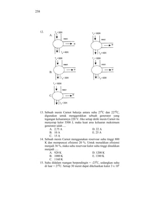 258




  12.
          A.                                  D.




          B.                                  E.




          C.




  13. Sebuah mesin Carnot bekerja antara suhu 270C dan 2270C,
      digunakan untuk menggerakkan sebuah generator yang
      tegangan keluarannya 220 V. Jika setiap detik mesin Carnot itu
      menyerap kalor 5500 J, maka kuat arus keluaran meksimum
      generator ialah ....
           A. 2,75 A                          D. 22 A
           B. 10 A                            E. 25 A
           C. 15 A
  14. Sebuah mesin Carnot menggunakan reservoar suhu tinggi 800
      K dan mempunyai efisiensi 20 %. Untuk menaikkan efisiensi
      menjadi 36 %, maka suhu reservoar kalor suhu tinggi dinaikkan
      menjadi .....
           A. 928 K                           D. 1200 K
           B. 1000 K                          E. 1380 K
           C. 1160 K
  15. Suhu didalam ruangan berpendingin = -230C, sedangkan suhu
      di luar = 270C. Setiap 30 menit dapat dikeluarkan kalor 3 x 106
 