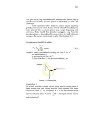269




Jadi, jika waktu yang dibutuhkan untuk membuat satu getaran lengkap
adalah 0,1 sekon, maka frekuensi getaran itu adalah 1/(0,1) = 10 Hz dan
seterusnya.
         Telah dijelaskan bahwa frekuensi getaran sangat tergantung
pada besaran-besaran sistem. Karena perioda adalah balikan frekuensi,
maka jelaslah bahwa perioda getaran juga sangat tergantung pada
sistemnya. Pada bandul fisis (misalnya penggaris yang berayun),
perioda getarannya ditentukan oleh massa sistem itu, letak titik pusat
massanya dan momen inersia benda tersebut (lihat Gambar 10.6).


Perioda getaran bandul fisis adalah:

                     IO
        T    2          sekon                                     (10.4)
                    mgd
dengan Io: momen inersia benda terhadap titik putar O (kg m2)
       m: massa benda (kg)
       g: percepatan gravitasi (m/s2)
       d: jarak titik putar ke titik pusat massa benda (m)


              Titik putar


                                              Titik pusat massa




                   Gambar 10.6 Bandul fisis

Contoh Soal 3:
Di sebuah peralatan terdapat cakram yang berayun dengan poros P
dekat dengan tepi roda cakram tersebut (lihat gambar). Bila massa
cakram m adalah 0,2 kg, jari–jarinya R = 10 cm dan momen inersia
                                  3
cakram terhadap poros P adalah      mR 2 , hitunglah perioda ayunan
                                  2
cakram tersebut !
 