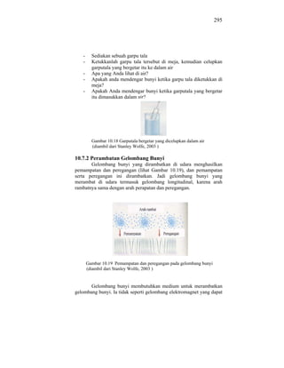 295




   -     Sediakan sebuah garpu tala
   -     Ketukkanlah garpu tala tersebut di meja, kemudian celupkan
         garputala yang bergetar itu ke dalam air
   -     Apa yang Anda lihat di air?
   -     Apakah anda mendengar bunyi ketika garpu tala diketukkan di
         meja?
   -     Apakah Anda mendengar bunyi ketika garputala yang bergetar
         itu dimasukkan dalam air?




         Gambar 10.18 Garputala bergetar yang dicelupkan dalam air
         (diambil dari Stanley Wolfe, 2003 )

10.7.2 Perambatan Gelombang Bunyi
       Gelombang bunyi yang dirambatkan di udara menghasilkan
pemampatan dan peregangan (lihat Gambar 10.19), dan pemampatan
serta peregangan ini dirambatkan. Jadi gelombang bunyi yang
merambat di udara termasuk gelombang longitudinal, karena arah
rambatnya sama dengan arah perapatan dan peregangan.




       Gambar 10.19 Pemampatan dan peregangan pada gelombang bunyi
       (diambil dari Stanley Wolfe, 2003 )


       Gelombang bunyi membutuhkan medium untuk merambatkan
gelombang bunyi. Ia tidak seperti gelombang elektromagnet yang dapat
 