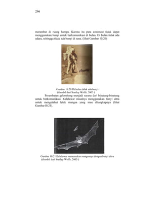 296




merambat di ruang hampa. Karena itu para astronaut tidak dapat
menggunakan bunyi untuk berkomunikasi di bulan. Di bulan tidak ada
udara, sehingga tidak ada bunyi di sana. (lihat Gambar 10.20)




                   Gambar 10.20 Di bulan tidak ada bunyi
                   (diambil dari Stanley Wolfe, 2003 )
       Perambatan gelombang menjadi sarana dari binatang-binatang
untuk berkomunikasi. Kelelawar misalnya menggunakan bunyi ultra
untuk mengetahui letak mangsa yang mau ditangkapnya (lihat
Gambar10.21).




      Gambar 10.21 Kelelawar menemukan mangsanya dengan bunyi ultra
      (diambil dari Stanley Wolfe, 2003 )
 