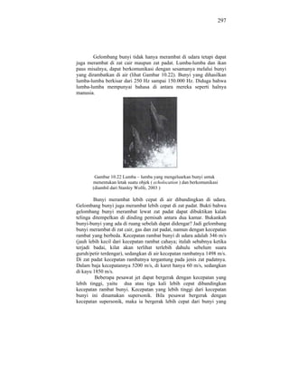 297




       Gelombang bunyi tidak hanya merambat di udara tetapi dapat
juga merambat di zat cair maupun zat padat. Lumba-lumba dan ikan
paus misalnya, dapat berkomunikasi dengan sesamanya melalui bunyi
yang dirambatkan di air (lihat Gambar 10.22). Bunyi yang dihasilkan
lumba-lumba berkisar dari 250 Hz sampai 150.000 Hz. Diduga bahwa
lumba-lumba mempunyai bahasa di antara mereka seperti halnya
manusia.




        Gambar 10.22 Lumba – lumba yang mengeluarkan bunyi untuk
       menentukan letak suatu objek ( echolocation ) dan berkomunikasi
       (diambil dari Stanley Wolfe, 2003 )

        Bunyi merambat lebih cepat di air dibandingkan di udara.
Gelombang bunyi juga merambat lebih cepat di zat padat. Bukti bahwa
gelombang bunyi merambat lewat zat padat dapat dibuktikan kalau
telinga ditempelkan di dinding pemisah antara dua kamar. Bukankah
bunyi-bunyi yang ada di ruang sebelah dapat didengar? Jadi gelombang
bunyi merambat di zat cair, gas dan zat padat, namun dengan kecepatan
rambat yang berbeda. Kecepatan rambat bunyi di udara adalah 346 m/s
(jauh lebih kecil dari kecepatan rambat cahaya; itulah sebabnya ketika
terjadi badai, kilat akan terlihat terlebih dahulu sebelum suara
guruh/petir terdengar), sedangkan di air kecepatan rambatnya 1498 m/s.
Di zat padat kecepatan rambatnya tergantung pada jenis zat padatnya.
Dalam baja kecepatannya 5200 m/s, di karet hanya 60 m/s, sedangkan
di kayu 1850 m/s.
         Beberapa pesawat jet dapat bergerak dengan kecepatan yang
lebih tinggi, yaitu dua atau tiga kali lebih cepat dibandingkan
kecepatan rambat bunyi. Kecepatan yang lebih tinggi dari kecepatan
bunyi ini dinamakan supersonik. Bila pesawat bergerak dengan
kecepatan supersonik, maka ia bergerak lebih cepat dari bunyi yang
 