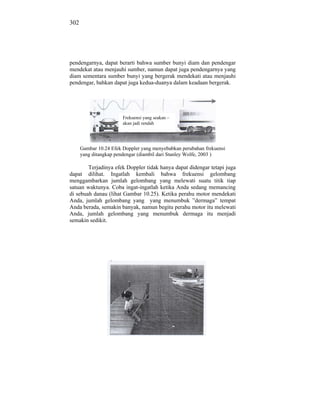 302




pendengarnya, dapat berarti bahwa sumber bunyi diam dan pendengar
mendekat atau menjauhi sumber, namun dapat juga pendengarnya yang
diam sementara sumber bunyi yang bergerak mendekati atau menjauhi
pendengar, bahkan dapat juga kedua-duanya dalam keadaan bergerak.




                        Frekuensi yang seakan –
                        akan jadi rendah




      Gambar 10.24 Efek Doppler yang menyebabkan perubahan frekuensi
      yang ditangkap pendengar (diambil dari Stanley Wolfe, 2003 )

        Terjadinya efek Doppler tidak hanya dapat didengar tetapi juga
dapat dilihat. Ingatlah kembali bahwa frekuensi gelombang
menggambarkan jumlah gelombang yang melewati suatu titik tiap
satuan waktunya. Coba ingat-ingatlah ketika Anda sedang memancing
di sebuah danau (lihat Gambar 10.25). Ketika perahu motor mendekati
Anda, jumlah gelombang yang yang menumbuk ”dermaga” tempat
Anda berada, semakin banyak, namun begitu perahu motor itu melewati
Anda, jumlah gelombang yang menumbuk dermaga itu menjadi
semakin sedikit.
 