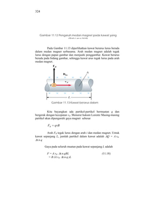 324




   Gambar 11.12 Pengaruh medan magnet pada kawat yang
                      dilalui arus listrik


          Pada Gambar 11.13 diperlihatkan kawat berarus lurus berada
dalam medan magnet serbasama. Arah medan magnet adalah tegak
lurus dengan papan gambar dan menjauhi penggambar. Kawat berarus
berada pada bidang gambar, sehingga kawat arus tegak lurus pada arah
medan magnet.




               Gambar 11.13 Kawat berarus dalam


           Kita bayangkan ada partikel-partikel bermuatan q dan
bergerak dengan kecepatan vd. Menurut hukum Lorentz Masing-masing
partikel akan dipengaruhi gaya magnet sebesar

          FB     qvB

         Arah FB tegak lurus dengan arah i dan medan magnet. Untuk
kawat sepanjang L, jumlah partikel dalam kawat adalah Q = A.vd.
 t.n.q

       Gaya pada seluruh muatan pada kawat sepanjang L adalah

         F = A.vd. t.n.qBL                           (11.18)
          = B (A.vd. t.n.q )L
 