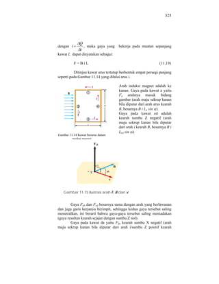 325




              Q
dengan i        , maka gaya yang bekerja pada muatan sepanjang
              t
kawat L dapat dinyatakan sebagai:

           F=BiL                                               (11.19)

          Ditinjau kawat arus tertutup berbentuk empat persegi panjang
seperti pada Gambar 11.14 yang dilalui arus i.

                                     Arah induksi magnet adalah ke
                                     kanan. Gaya pada kawat a yaitu
                                     Fa arahnya masuk bidang
                                     gambar (arah maju sekrup kanan
                                     bila diputar dari arah arus kearah
                                     B, besarnya B i La sin ).
                                     Gaya pada kawat cd adalah
                                     kearah sumbu Z negatif (arah
                                     maju sekrup kanan bila diputar
                                     dari arah i kearah B, besarnya B i
                                     Lcd sin ).
Gambar 11.14 Kawat berarus dalam
         medan magnet




   Gambar 11.15 Ilustrasi arah F, B dan v


        Gaya Fab dan Fcd besarnya sama dengan arah yang berlawanan
dan juga garis kerjanya berimpit, sehingga kedua gaya tersebut saling
menetralkan, ini berarti bahwa gaya-gaya tersebut saling meniadakan
(gaya resultan kearah sejajar dengan sumbu Z nol).
        Gaya pada kawat da yaitu Fda kearah sumbu X negatif (arah
maju sekrup kanan bila diputar dari arah i/sumbu Z positif kearah
 