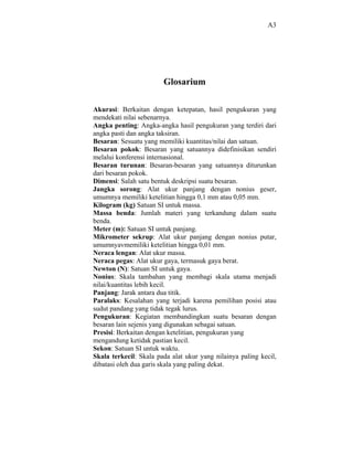 A3




                        Glosarium

Akurasi: Berkaitan dengan ketepatan, hasil pengukuran yang
mendekati nilai sebenarnya.
Angka penting: Angka-angka hasil pengukuran yang terdiri dari
angka pasti dan angka taksiran.
Besaran: Sesuatu yang memiliki kuantitas/nilai dan satuan.
Besaran pokok: Besaran yang satuannya didefinisikan sendiri
melalui konferensi internasional.
Besaran turunan: Besaran-besaran yang satuannya diturunkan
dari besaran pokok.
Dimensi: Salah satu bentuk deskripsi suatu besaran.
Jangka sorong: Alat ukur panjang dengan nonius geser,
umumnya memiliki ketelitian hingga 0,1 mm atau 0,05 mm.
Kilogram (kg) Satuan SI untuk massa.
Massa benda: Jumlah materi yang terkandung dalam suatu
benda.
Meter (m): Satuan SI untuk panjang.
Mikrometer sekrup: Alat ukur panjang dengan nonius putar,
umumnyavmemiliki ketelitian hingga 0,01 mm.
Neraca lengan: Alat ukur massa.
Neraca pegas: Alat ukur gaya, termasuk gaya berat.
Newton (N): Satuan SI untuk gaya.
Nonius: Skala tambahan yang membagi skala utama menjadi
nilai/kuantitas lebih kecil.
Panjang: Jarak antara dua titik.
Paralaks: Kesalahan yang terjadi karena pemilihan posisi atau
sudut pandang yang tidak tegak lurus.
Pengukuran: Kegiatan membandingkan suatu besaran dengan
besaran lain sejenis yang digunakan sebagai satuan.
Presisi: Berkaitan dengan ketelitian, pengukuran yang
mengandung ketidak pastian kecil.
Sekon: Satuan SI untuk waktu.
Skala terkecil: Skala pada alat ukur yang nilainya paling kecil,
dibatasi oleh dua garis skala yang paling dekat.
 