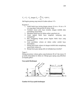 189




                             b
Vu   Vb Vbf dengan Vbf           Vb = 0,89 Vb
                             f

Jadi bagian gunung yang muncul di udara sebesar 11%

Kegiatan 3.
   1. Ambil balok kayu kering dengan ukuran 10 cm x 10 cm x 10
       cm yang dapat Anda peroleh di sekitar Anda.
   2. Tentukan massa jenis kayu tersebut, dengan terlebih dulu
       menimbang massa balok.
   3. Masukkan balok kayu ke dalam ember yang berisi air.
   4. Amati apakah balok kayu tengelam, melayang atau
       mengapung?
   5. Bila mengapung berapa persen bagian balok kayu yang
       tercelup air?
   6. Catat perubahan volume air dalam ember setelah kayu
       dimasukkan.
   7. Hitung berat beda volume air dengan terlebih dulu menghitung
       massa beda volume air.
   8. Berapa besar gaya apung oleh air terhadap kayu tersebut?

Tugas 3.
Hitung prosentase volume gabus yang berukuran 40 cm3 dan massa 10
gr ketika dimasukkan ke dalam air. Berapa gaya apung yang diberikan
air kepada gabus?

Gaya pada Bendungan




Gambar 8.4 Gaya pada bendungan
 
