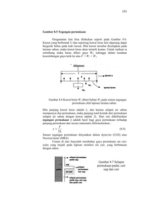 193




Gambar 8.5 Tegangan permukaan

        Pengamatan lain bisa dilakukan seperti pada Gambar 8.6.
Kawat yang berbentuk U dan sepotong kawat lurus lain dipasang dapat
bergerak bebas pada kaki kawat. Bila kawat tersebut dicelupkan pada
larutan sabun, maka kawat lurus akan tertarik keatas. Untuk mebuat ia
setimbang maka harus diberi gaya W2 sehingga dalam keadaan
keseimbangan gaya tarik ke atas F = W1 + W2.




    Gambar 8.6 Kawat berat W1 diberi beban W2 pada sistem tegangan
                     permukaan oleh lapisan larutan sabun

Bila panjang kawat lurus adalah L, dan karena selaput air sabun
mempunyai dua permukaan, maka panjang total kontak dari permukaan
selaput air sabun dengan kawat adalah 2L. Dari sini didefinisikan
tegangan permukaan adalah hasil bagi gaya permukaan terhadap
panjang permukaan dan secara matematis diformulasikan :
            F
                                                               (8.9)
            2L
Satuan tegangan permukaan dinyatakan dalam dyne/cm (CGS) atau
Newton/meter (MKS).
       Uraian di atas hanyalah membahas gaya permukaan zat cair,
yaitu yang terjadi pada lapisan molekul zat cair, yang berbatasan
dengan udara.



                                             Gambar 8.7 Selaput
                                            permukaan padat, cair
                                                uap dan cair
 