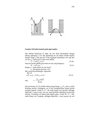 195




Gambar 8.8 Sudut kontak pada pipa kapiler

Jika tabung berjari-jari R maka zat cair akan bersentuhan dengan
tabung sepanjang 2 R. Jika dipandang zat cair dalam silinder kapiler
dengan tinggi y dan jari-jari R dan tegangan permukaan cair uap dari
zat cair cu, maka gaya k eatas total adalah :
         F = 2 R cu cos                                      (8.10)
Gaya ke bawah adalah gaya berat zat cair yang harganya :
         W = R2 y g                                          (8.11)
dengan : rapat massa zat cair, kg/m3
         g : percepatan gravitasi, m/s2
Dari syarat kesetimbangan diperoleh :
   W=F
    R2 y g = 2 R cu cos                                     (8.12)

                2    cos
                    cu
atau       y=
                    R g

dari persamaan (8.12) terlihat bahwa harga-harga cu, R, dan g selalu
berharga positip. Sedangkan cos bisa mengahasilkan harga positip
maupun negatip. Untuk 0 < < 90, maka harga cos positip, sehingga
diperoleh y yang positip. Zat cair yang demikian dikatakan membasahi
dinding. Contohnya air dalam pipa kapiler gelas. Untuk 90 < < 180,
maka harga cos negatip, sehingga diperoleh y yang negatip zat cair
 