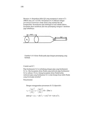 198




  Besaran Av dinamakan debit (Q) yang mempunyai satuan m3/s
  (MKS) atau cm3/s (CGS). Persamaan (8.13) dikenal sebagai
  persamaan kontinuitas untuk aliran yang mantap dan tak
  kompresibel. Konsekuensi dari hubungan di atas adalah bahwa
  kecepatan akan membesar jika luas penampang mengecil demikian
  juga sebaliknya.




      Gambar 8.10 Aliran fluida pada pipa dengan penampang yang
      berbeda



  Contoh soal 8.7.
  Pipa berdiameter 0,2 m terhubung dengan pipa yang berdiameter
  0,1 m. Jika kecepatan aliran fluida yang melewati pipa berdiameter
  0,2 m sebesar 10 m/s, hitung kecepatan aliran fluida ketika
  melewati pipa yang berdiameter 0,1 m dan berapa besar debit fluida
  yang lewat pipa tersebut?
  Penyelesaian:


        Dengan menggunakan persamaan (8.13) diperoleh :
                   2           2
              D1            0,2
        v2             v1 =     10   20m / s
              D1            0,1
        debit Q = A1v1 = D12v1 = .0,22.10 = 0,4 m3/s.
 
