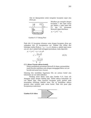 205




         Alat ini dipergunakan untuk mengukur kecepatan angin atau
         aliran gas.
                                      Misalkan gas mengalir dengan
                                      kecepatan v dan rapat massa
                                      gas adalah , maka pada titik
                                      (1) dan (2) persamaan
                                      Bernoulli dapat dituliskan:
                                          p1   1
                                               2
                                                   v12   p2


         Gambar 8.13 Tabung Pitot


Pada titik (1) kecepatan alirannya sama dengan kecepatan aliran gas
sedangkan titik (2) kecepatannya nol. Padahal bila dilihat dari
hubungan statika fluida p2 = p1 + o g h, dimana o adalah rapat massa
zat cair, dan h adalah beda ketinggian permukaan, maka diperoleh :
           1    2
    p1     2   v1   p1           o   gh
                2   2    ogh
               v1                                             (8.21)
                         p
                     2       ogh
               v1
                             p
C.5. Aliran Viscous (aliran kental)
    Dalam pembahasan persamaan Bernoulli di depan, permasalahan
    masih bersifat sederhana yaitu dengan mengaggap bahwa zat cair
    bersifat tak kental (non viscous).
Sekarang kita membahas bagaimana bila zat cairnya kental atau
kekentalan zat cair tidak diabaikan.
        Pandang aliran dalam suatu pipa Gambar 8.14. Garis alir
dianggap sejajar dengan dinding pipa. Akibat adanya kekentalan zat
cair dapam pipa, maka besarnya kecepatan gerak partikel pada
penampang melintang tidaklah sama. Hal ini disebabkan adanya
gesekan antar molekul pada cairan kental. Pada titik pusat pipa
kecepatannya maksimum.



Gambar 8.14 Aliran kental
 