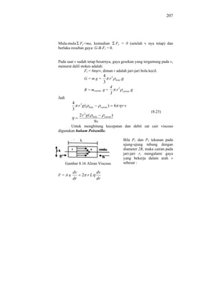 207




Mula-mula Fy=ma, kemudian          Fy = 0 (setelah v nya tetap) dan
berlaku resultan gaya: G-B-Fr = 0.


Pada saat v sudah tetap besarnya, gaya gesekan yang tergantung pada v,
menurut dalil stokes adalah:
                 Ft = 6 rv, diman r adalah jari-jari bola kecil.
                               4 3
                  G=mg=            r bola .g
                               3
                                   4 3
                  B = mcairan .g =    r cairan .g
                                   3
Jadi
           4 3
             r g ( bola        cairan   )       6   rv
           3
                                                                    (8.23)
              2 r 2 g ( bola      cairan    )
                         9v
       Untuk menghitung kecepatan dan debit zat cair viscous
digunakan hukum Poiseuille.

                                                    Bila P1 dan P2 tekanan pada
                                                    ujung-ujung tabung dengan
                                                    diameter 2R, maka cairan pada
                                                    jari-jari r, mengalami gaya
                                                    yang bekerja dalam arah v
       Gambar 8.16 Aliran Viscous                   sebesar :

           dv             dv
F=A              2 rL
           dr             dr
 