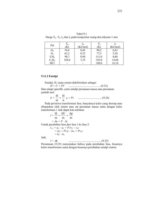 233




                                Tabel 9.1
    Harga Tm, Tb, lm dan lb pada temperatur ruang dan tekanan 1 atm

                          Tm             lm                    Tb                    lb
         Zat
                         (K)          (KJ/mol)                (K)                 (KJ/mol)
         O2             54,8            0,45                  90,2                  6,83
         N2             63,3            0,72                  77,3                  5,58
        CH4             90,7            0,94                 111,0                  8,80
        C2H4            104,0           3,35                 185,0                 14,68
        HCl                -              -                  188,0                 16,18



9.11.2 Entalpi

   Entalpi, H, suatu sistem didefinisikan sebagai:
        H = U + PV       ..............................................(9.23)
Dan entapi spesifik, yaitu entalpi persatuan massa atau persatuan
jumlah mol:
               H      H
         h=             u + Pv        ...................................(9.24)
               m      n
    Pada peristiwa transformasi fasa, banyaknya kalor yang diserap atau
dilepaskan oleh sistem atau zat persatuan massa sama dengan kalor
transformasi l. Jadi dapat kita tuliskan:
               Q      U        p
         l=
               m      m       m
           = u+P. v
Untuk perubahan fasa dari fasa 1 ke fasa 2:
         l1,2 = u2 – u1 + P (v2 – v1)
              = (u2 + Pv2) – (u1 + Pv1)
              = h2 – h1
Jadi,
         l= h              ...............................................(9.25)
Persamaan (9.25) menyatakan bahwa pada perubahan fasa, besarnya
kalor transformasi sama dengan besarnya perubahan entalpi sistem.
 