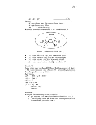 243




      Q= U + W                          .............................(9.36)
dengan:
      Q= energi kalor yang diserap atau dilepas sistem
      U= perubahan energi dalam
      W        = usaha luar (kerja)
Ketentuan menggunakan persamaan (9.36), lihat Gambar 9.18.




                  Gambar 9.18 Ketentuan nilai W dan Q

     Jika sistem melakukan kerja, nilai W bertanda positif
     Jika sistem menerima kerja, nilai W bertanda negatif
     Jika sistem melapas kalor, nilai Q bertnda negatif
     Jika sistem menerima kalor, nilai Q bertanda positif

Contoh 9.9
Suatu sistem menyerap kalor 2000 kalori dari lingkungannya (1 kalori
= 4,2 J) dan melakukan kerja sebesar 2400 J terhadap lingkungannya.
Tentukan perubahan energi sistem!
Penyelesaian
 Q = + 2000 (4,2 J) = 8400 J
 W = + 2400 J
 U = .....?
 Q = U+ W
    U= Q- W
        = 8400 – 2400
        = 6000 J

Latihan 9.7
Hitunglah perubahan energi dalam gas apabila:
    a. gas menyerap kalor 800 kalori dan melakukan usaha 1680 J!
    b. Gas menyerap kalor 400 kalori dan lingkungan melakukan
        usaha terhadap gas sebesar 1000 J!
 