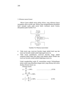 248




3. Efisiensi mesin Carnot

     Mesin Carnot adalah mesin paling efisien, yang siklusnya hanya
merupakan siklus teoritik saja. Skema yang menggambarkan perubahan
kalor menjadi usaha pada mesin kalor, termasuk mesin Carnot,
ditunjukkan pada Gambar 9.23.




                     Gambar 9.23 Skema mesin kalor

     Pada mesin uap, reservoar bersuhu tinggi adalah ketel uap dan
    reservoar bersuhu rendah aalah lingkungan mesin itu.
     Pada mesin pembakaran, reservoar bersuhu tinggi adalah
    campuran bahan bakar dan udara yang dibakar dalam silinder dan
    reservoar bersuhu rendah adalah lingkungan mesin itu.

    Untuk menghasilkan usaha W, memerlukan energi. Perbandingan
    antara usaha yang dihasilkan dengan kalor yang diserap oleh mesin
    disebut efisiensi mesin ( ).
        Efisiensi mesin:
           W
          =    x 100%      .........................................(9.38)
           Q1
           Q Q2
          = 1       x 100%
              Q1
                  Q2
          = 1        x 100% ................................      (9.39)
                  Q1
 