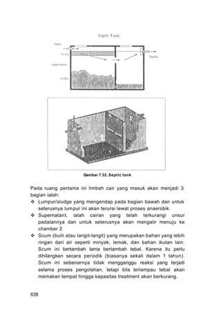 Gambar 7.32. Septic tank


Pada ruang pertama ini limbah cair yang masuk akan menjadi 3
bagian ialah:
   Lumpur/sludge yang mengendap pada bagian bawah dan untuk
   seterusnya lumpur ini akan terurai lewat proses anaerobik.
   Supernatant, ialah cairan yang telah terkurangi unsur
   padatannya dan untuk seterusnya akan mengalir menuju ke
   chamber 2
   Scum (buih atau langit-langit) yang merupakan bahan yang lebih
   ringan dari air seperti minyak, lemak, dan bahan ikutan lain.
   Scum ini bertambah lama bertambah tebal. Karena itu perlu
   dihilangkan secara periodik (biasanya sekali dalam 1 tahun).
   Scum ini sebenarnya tidak mengganggu reaksi yang terjadi
   selama proses pengolahan, tetapi bila terlampau tebal akan
   memakan tempat hingga kapasitas treatment akan berkurang.


638
 