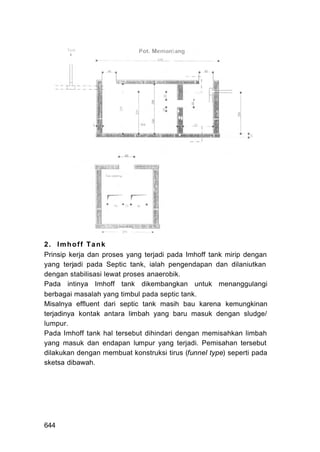 2. Imhoff Tank
Prinsip kerja dan proses yang terjadi pada Imhoff tank mirip dengan
yang terjadi pada Septic tank, ialah pengendapan dan dilaniutkan
dengan stabilisasi lewat proses anaerobik.
Pada intinya Imhoff tank dikembangkan untuk menanggulangi
berbagai masalah yang timbul pada septic tank.
Misalnya effluent dari septic tank masih bau karena kemungkinan
terjadinya kontak antara limbah yang baru masuk dengan sludge/
lumpur.
Pada Imhoff tank hal tersebut dihindari dengan memisahkan limbah
yang masuk dan endapan lumpur yang terjadi. Pemisahan tersebut
dilakukan dengan membuat konstruksi tirus (funnel type) seperti pada
sketsa dibawah.




644
 