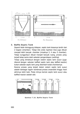 3. Baffle Septic Tank
   Seperti telah disinggung didepan, septic tank biasanya terdiri dari
   2 bagian (chamber). Tetapi bila anda inginkan bisa juga dibuat
   menjadi lebih banyak chamber (misalnya 3, 4 atau 5 chamber).
   Tetapi sungguhpun dibuat menjadi banyak ruang, proses yang
   terjadi tetap sama ialah sekedar pengendapan (settling).
   Tetapi yang dimaksud dengan sistem septic tank susun (juga
   dikenal dengan sebutan baffled septic tank atau baffled reactor)
   bukan sekedar septic tank yang ditambah kotak chambemya.
   Karena proses yang terjadi dalam sistem septic tank susun
   adalah berbagai ragam kombinasi proses anaerobik hingga hasil
   akhirnya lebih baik. Pada intinya bentuk septic tank susun atau
   baffled reactor adalah sbb:




                 Ga m b a r 7 . 3 3 . B a f f l e S e p t i c T a n k




650
 