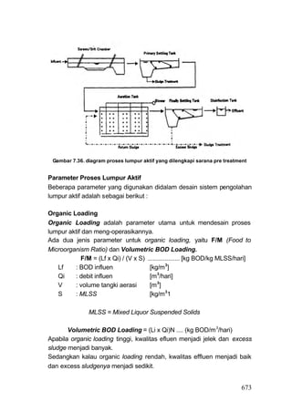 Gambar 7.36. diagram proses lumpur aktif yang dilengkapi sarana pre treatment


Parameter Proses Lumpur Aktif
Beberapa parameter yang digunakan didalam desain sistem pengolahan
lumpur aktif adalah sebagai berikut :

Organic Loading
Organic Loading adalah parameter utama untuk mendesain proses
lumpur aktif dan meng-operasikannya.
Ada dua jenis parameter untuk organic loading, yaitu F/M (Food to
Microorganism Ratio) dan Volumetric BOD Loading.
            F/M = (Lf x Qi) / (V x S) ................... [kg BOD/kg MLSS/hari]
   Lf    : BOD influen                 [kg/m 3]
   Qi    : debit influen               [m 3/hari]
   V     : volume tangki aerasi        [m 3]
   S     : MLSS                        [kg/m 31

               MLSS = Mixed Liquor Suspended Solids

       Volumetric BOD Loading = (Li x Qi)N .... (kg BOD/m 3/hari)
Apabila organic loading tinggi, kwalitas efluen menjadi jelek dan excess
sludge menjadi banyak.
Sedangkan kalau organic loading rendah, kwalitas effluen menjadi baik
dan excess sludgenya menjadi sedikit.


                                                                           673
 