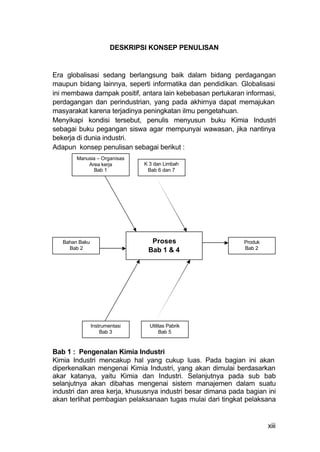 DESKRIPSI KONSEP PENULISAN


Era globalisasi sedang berlangsung baik dalam bidang perdagangan
maupun bidang lainnya, seperti informatika dan pendidikan. Globalisasi
ini membawa dampak positif, antara lain kebebasan pertukaran informasi,
perdagangan dan perindustrian, yang pada akhirnya dapat memajukan
masyarakat karena terjadinya peningkatan ilmu pengetahuan.
Menyikapi kondisi tersebut, penulis menyusun buku Kimia Industri
sebagai buku pegangan siswa agar mempunyai wawasan, jika nantinya
bekerja di dunia industri.
Adapun konsep penulisan sebagai berikut :
        Manusia – Organisas
            Area kerja          K 3 dan Limbah
              Bab 1              Bab 6 dan 7




   Bahan Baku                     Proses                     Produk
     Bab 2                       Bab 1 & 4                   Bab 2




                Instrumentasi     Utilitas Pabrik
                    Bab 3              Bab 5



Bab 1 : Pengenalan Kimia Industri
Kimia Industri mencakup hal yang cukup luas. Pada bagian ini akan
diperkenalkan mengenai Kimia Industri, yang akan dimulai berdasarkan
akar katanya, yaitu Kimia dan Industri. Selanjutnya pada sub bab
selanjutnya akan dibahas mengenai sistem manajemen dalam suatu
industri dan area kerja, khususnya industri besar dimana pada bagian ini
akan terlihat pembagian pelaksanaan tugas mulai dari tingkat pelaksana


                                                                      xiii
 