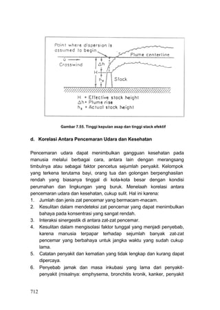 Gambar 7.55. Tinggi kepulan asap dan tinggi stack efektif


d. Korelasi Antara Pencemaran Udara dan Kesehatan

Pencemaran udara dapat menimbulkan gangguan kesehatan pada
manusia melalui berbagai cara, antara lain dengan merangsang
timbulnya atau sebagai faktor pencetus sejumlah penyakit. Kelompok
yang terkena terutama bayi, orang tua dan golongan berpenghasilan
rendah yang biasanya tinggal di kota-kota besar dengan kondisi
perumahan dan lingkungan yang buruk. Menelaah korelasi antara
pencemaran udara dan kesehatan, cukup sulit. Hal ini karena:
1. Jumlah dan jenis zat pencemar yang bermacam -macam.
2. Kesulitan dalam mendeteksi zat pencemar yang dapat menimbulkan
    bahaya pada konsentrasi yang sangat rendah.
3. Interaksi sinergestik di antara zat-zat pencemar.
4. Kesulitan dalam mengisolasi faktor tunggal yang menjadi penyebab,
    karena manusia terpapar terhadap sejumlah banyak zat-zat
    pencemar yang berbahaya untuk jangka waktu yang sudah cukup
    lama.
5. Catatan penyakit dan kematian yang tidak lengkap dan kurang dapat
    dipercaya.
6. Penyebab jamak dan masa inkubasi yang lama dari penyakit-
    penyakit (misalnya: emphysema, bronchitis kronik, kanker, penyakit


712
 