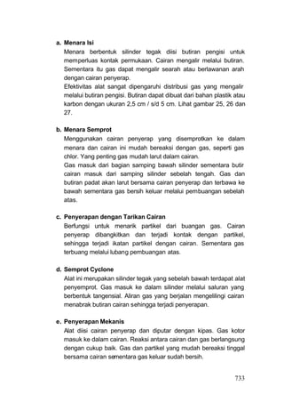 a. Menara Isi
   Menara berbentuk silinder tegak diisi butiran pengisi untuk
   memperluas kontak permukaan. Cairan mengalir melalui butiran.
   Sementara itu gas dapat mengalir searah atau berlawanan arah
   dengan cairan penyerap.
   Efektivitas alat sangat dipengaruhi distribusi gas yang mengalir
   melalui butiran pengisi. Butiran dapat dibuat dari bahan plastik atau
   karbon dengan ukuran 2,5 cm / s/d 5 cm. Lihat gambar 25, 26 dan
   27.

b. Menara Semprot
   Menggunakan cairan penyerap yang disemprotkan ke dalam
   menara dan cairan ini mudah bereaksi dengan gas, seperti gas
   chlor. Yang penting gas mudah larut dalam cairan.
   Gas masuk dari bagian samping bawah silinder sementara butir
   cairan masuk dari samping silinder sebelah tengah. Gas dan
   butiran padat akan larut bersama cairan penyerap dan terbawa ke
   bawah sementara gas bersih keluar melalui pembuangan sebelah
   atas.

c. Penyerapan dengan Tarikan Cairan
   Berfungsi untuk menarik partikel dari buangan gas. Cairan
   penyerap dibangkitkan dan terjadi kontak dengan partikel,
   sehingga terjadi ikatan partikel dengan cairan. Sementara gas
   terbuang melalui lubang pembuangan atas.

d. Semprot Cyclone
   Alat ini merupakan silinder tegak yang sebelah bawah terdapat alat
   penyemprot. Gas masuk ke dalam silinder melalui saluran yang
   berbentuk tangensial. Aliran gas yang berjalan mengelilingi cairan
   menabrak butiran cairan sehingga terjadi penyerapan.

e. Penyerapan Mekanis
   Alat diisi cairan penyerap dan diputar dengan kipas. Gas kotor
   masuk ke dalam cairan. Reaksi antara cairan dan gas berlangsung
   dengan cukup baik. Gas dan partikel yang mudah bereaksi tinggal
   bersama cairan sementara gas keluar sudah bersih.


                                                                    733
 