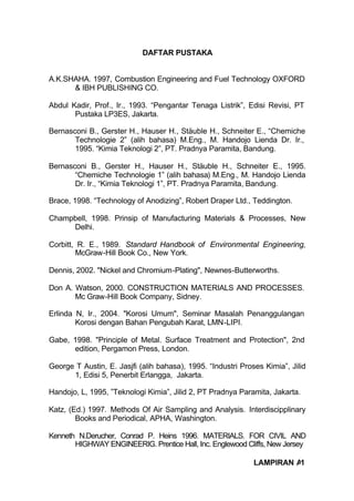 DAFTAR PUSTAKA


A.K.SHAHA. 1997, Combustion Engineering and Fuel Technology OXFORD
      & IBH PUBLISHING CO.

Abdul Kadir, Prof., Ir., 1993. “Pengantar Tenaga Listrik”, Edisi Revisi, PT
       Pustaka LP3ES, Jakarta.

Bernasconi B., Gerster H., Hauser H., Stäuble H., Schneiter E., “Chemiche
       Technologie 2” (alih bahasa) M.Eng., M. Handojo Lienda Dr. Ir.,
       1995. “Kimia Teknologi 2”, PT. Pradnya Paramita, Bandung.

Bernasconi B., Gerster H., Hauser H., Stäuble H., Schneiter E., 1995.
       “Chemiche Technologie 1” (alih bahasa) M.Eng., M. Handojo Lienda
       Dr. Ir., “Kimia Teknologi 1”, PT. Pradnya Paramita, Bandung.

Brace, 1998. “Technology of Anodizing”, Robert Draper Ltd., Teddington.

Champbell, 1998. Prinsip of Manufacturing Materials & Processes, New
     Delhi.

Corbitt, R. E., 1989. Standard Handbook of Environmental Engineering,
        McGraw-Hill Book Co., New York.

Dennis, 2002. "Nickel and Chromium-Plating", Newnes-Butterworths.

Don A. Watson, 2000. CONSTRUCTION MATERIALS AND PROCESSES.
       Mc Graw-Hill Book Company, Sidney.

Erlinda N, Ir., 2004. "Korosi Umum", Seminar Masalah Penanggulangan
        Korosi dengan Bahan Pengubah Karat, LMN-LIPI.

Gabe, 1998. "Principle of Metal. Surface Treatment and Protection", 2nd
      edition, Pergamon Press, London.

George T Austin, E. Jasjfi (alih bahasa), 1995. “Industri Proses Kimia”, Jilid
      1, Edisi 5, Penerbit Erlangga, Jakarta.

Handojo, L, 1995, ”Teknologi Kimia”, Jilid 2, PT Pradnya Paramita, Jakarta.

Katz, (Ed.) 1997. Methods Of Air Sampling and Analysis. Interdiscipplinary
        Books and Periodical, APHA, Washington.

Kenneth N.Derucher, Conrad P. Heins 1996. MATERIALS. FOR CIVIL AND
       HIGHWAY ENGINEERIG. Prentice Hall, Inc. Englewood Cliffs, New Jersey

                                                              LAMPIRAN A1
 