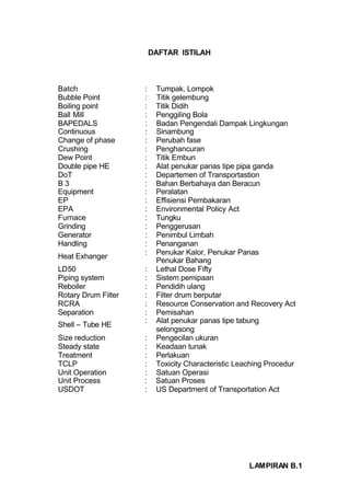 DAFTAR ISTILAH



Batch                :    Tumpak, Lompok
Bubble Point         :    Titik gelembung
Boiling point        :    Titik Didih
Ball Mill            :    Penggiling Bola
BAPEDALS             :    Badan Pengendali Dampak Lingkungan
Continuous           :    Sinambung
Change of phase      :    Perubah fase
Crushing             :    Penghancuran
Dew Point            :    Titik Embun
Double pipe HE       :    Alat penukar panas tipe pipa ganda
DoT                  :    Departemen of Transportastion
B3                   :    Bahan Berbahaya dan Beracun
Equipment            :    Peralatan
EP                   :    Effisiensi Pembakaran
EPA                  :    Environmental Policy Act
Furnace              :    Tungku
Grinding             :    Penggerusan
Generator            :    Penimbul Limbah
Handling             :    Penanganan
                     :    Penukar Kalor, Penukar Panas
Heat Exhanger
                          Penukar Bahang
LD50                 :    Lethal Dose Fifty
Piping system        :    Sistem pemipaan
Reboiler             :    Pendidih ulang
Rotary Drum Filter   :    Filter drum berputar
RCRA                 :    Resource Conservation and Recovery Act
Separation           :    Pemisahan
                     :    Alat penukar panas tipe tabung
Shell – Tube HE
                          selongsong
Size reduction       :    Pengecilan ukuran
Steady state         :    Keadaan tunak
Treatment            :    Perlakuan
TCLP                 :    Toxicity Characteristic Leaching Procedur
Unit Operation       :    Satuan Operasi
Unit Process         :    Satuan Proses
USDOT                :    US Department of Transportation Act




                                                     LAMPIRAN B.1
 