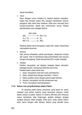 dapat mematikan.

         Ozon
          Ozon dengan rumus molekul O3 disebut oksidan merpakan
          reaksi foto kimiawi antara NO 2 dengan hidrokarbon karena
          pengaruh ultra violet sinar matahari. Sifat ozon merusak daun
          tumbuh-tumbuhan, tekstil dan melunturkan warna. Reaksi
          pembentukan ozon sebagai berikut:

                     ultra violet
             NO2                    NO + On
             O2 + On                O3
             NO + On                NO2

          Peroksil asetel nitrat merupakan reaksi NO 2 dalam fotosintesa
          merusakkan tanaman.

         Amonia
          Gas amonia dihasilkan pabrik pencelupan, eksplorasi minyak
          dan pupuk. Gas ini berbahaya bagi pemanfaatan dan baunya
          sangat merangsang. Pada konsentrasi 25% mudah meledak.

         Partikel
          Partikel merupakan zat dispersi terdapat dalam atmosfer,
          berbagai larutan, mempunyai sifat fisis dan kimia.
          Partikel dalam udara terdiri dari:
          1. Asap, merupakan hasil dari suatu pembakaran.
          2. Debu, partikel kecil dengan diameter 1 mikron.
          3. Kabut, partikel cairan dengan garis tengah tertentu.
          4. Aerosol, merupakan inti dari kondensasi uap.
          5. Fume, merupakan hasil penguapan.
7.3.2. Bahan Lain yang Berbahaya dalam Pabrik

            Di samping pada bahan pencemar yang lepas ke udara
      terdapat pula bahan tertentu yang tersimpan ataupun masih
      dalam proses di pabrik. Bahan ini karena sifat fisis dan kimianya
      cukup berbahaya bagi lingkungan apabila terlepas dengan
      sengaja ataupun tidak sengaja. Sifat racun suatu bahan belum
      tentu sama dengan sifat bahaya. Bahan yang bersifat racun


590
 