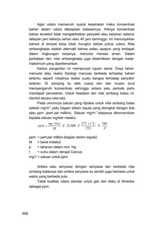 Agar udara memenuhi syarat kesehatan maka konsentrasi
      bahan dalam udara ditetapkan batasannya. Artinya konsentrasi
      bahan tersebut tidak mengakibatkan penyakit atau kelainan selama
      delapan jam bekerja sehari atau 40 jam seminggu. Ini menunjukkan
      bahwa di tempat kerja tidak mungkin bebas polusi udara. Nilai
      ambangbatas adalah alternatif bahwa walau apapun yang terdapat
      dalam lingkungan kerjanya, manusia merasa aman. Dalam
      perkataan lain, nilai ambangbatas juga diidentikkan dengan kadar
      maksimum yang diperkenankan.
            Kedua pengertian ini mempunyai tujuan sama. Daya tahan
      manusia atau reaksi fisiologi manusia berbeda terhadap bahan
      tertentu seperti misalnya reaksi suatu bangsa terhadap penyakit
      tertentu. Di samping itu efek cuaca dan dan musim turut
      mempengaruhi konsentrasi sehingga antara satu periode perlu
      mendapat perubahan. Untuk keadaan lain nilai ambang batas ini
      diambil secara rata-rata.
            Pada umumnya satuan yang dipakai untuk nilai ambang batas
      adalah mg/m 3 yaitu bagian dalam sejuta yang disingkat dengan bds
      atau ppm (part per million). Satuan mg/m 3 biasanya dikonversikan
      kepada satuan mg/liter melalui:
                   mg / liter            273  t o C   760
           ppm               X 22,400 X             X
                     M                      273         P

      ppm = part per million (bagian dalam sejuta)
      M    = berat molekul
      p    = tekanan dalam mm. Hg.
      t    = suhu dalam derajat Celcius
      mg/1 = satuan untuk ppm

           Antara satu senyawa dengan senyawa lain berbeda nilai
      ambang batasnya dan antara senyawa itu sendiri juga berbeda untuk
      waktu yang berbeda pula.
           Tabel kualitas udara standar untuk gas dan debu di Amerika
      sebagai ppm.




606
 