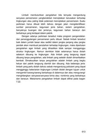 Limbah membutuhkan pengolahan bila ternyata mengandung
senyawa pencemaran yangberakibat menciptakan kerusakan terhadap
lingkungan atau paling tidak potensial menciptakan pencemaran. Suatu
perkiraan harus dibuat lebih dahulu dengan jalan mengidentifikasi:
sumber pencemaran, kegunaan jenis bahan, sistem pengolahan,
banyaknya buangan dan jenisnya, kegunaan bahan beracun dan
berbahaya yang terdapat dalam pabrik.
      Dengan adanya perkiraan tersebut maka program pengendalian
dan penanggulangan pencemaran perlu dibuat. Sebab limbah tersebut
baik dalam jumlah besar atau sedikit dalam jangka panjang atau jangka
pendek akan membuat perubahan terhadap lingkungan, maka diperlukan
pengolahan agar limbah yang dihasilkan tidak sampai mengganggu
struktur lingkungan. Namun demikian tidak selamanya harus diolah
sebelum dibuang ke lingkungan. Ada limbah yang langsung dapat
dibuang tanpa pengolahan, ada limbah yang setelah diolah dimanfaatkan
kembali. Dimaksudkan tanpa pengolahan adalah limbah yang begitu
keluar dari pabrik langsung diambil dan dibuang. Ada beberapa jenis
limbah yang perlu diolah dahulu sebab mengandung pollutant yang dapat
mengganggu keles tarian lingkungan Limbah diolah dengan tujuan untuk
mengambil barang-barang berbahaya di dalamnya dan atau mengurangi/
menghilangkan senyawa-senyawa kimia atau nonkimia yang berbahaya
dan beracun. Mekanisme pengolahan limbah dapat dilihat pada bagan
7.22.




                                                                 613
 
