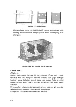 Gambar 7.25 . Grit chamber


   Ukuran diatas hanya bersifat illustratif. Ukuran sebenarnya perlu
   dihitung dan disesuaikan dengan jumlah aliran limbah yang akan
   ditangani.




               Gambar 7.26 . Grit chamber dan Grease trap


Contoh soal :
Diketahui :
Limbah dari asrama Perawat RS berjumlah 40 m3 per hari. Limbah
tersebut dari WC penghuni asrama tersebut dan juga berbagai
kegiatan yang dilakukan seperti dapur dan cusian Total produksi
limbah per hari 40 m3, waktu produksi limbah rata rata 8 jam dalam
satu hari
Direncanakan untuk membangun suatu grease trap dan grit chamber
sebelum limbah tersebut masuk ke unit pengoiahan.
Berapa kira kira volume dari konstruksi tersebut ??




624
 