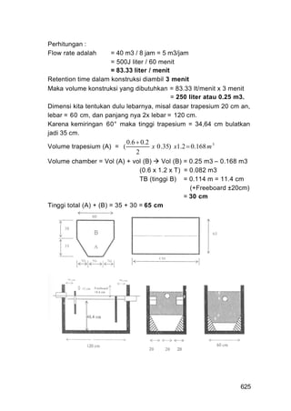 Perhitungan :
Flow rate adalah     = 40 m3 / 8 jam = 5 m3/jam
                     = 500J liter / 60 menit
                     = 83.33 liter / menit
Retention time dalam konstruksi diambil 3 menit
Maka volume konstruksi yang dibutuhkan = 83.33 It/menit x 3 menit
                                           = 250 liter atau 0.25 m3.
Dimensi kita tentukan dulu lebarnya, misal dasar trapesium 20 cm an,
lebar = 60 cm, dan panjang nya 2x lebar = 120 cm.
Karena kemiringan 60° maka tinggi trapesium = 34,64 cm bulatkan
jadi 35 cm.
                           0 .6  0 .2
Volume trapesium (A) = (               x 0 .35) x1.2  0.168 m 3
                                2
Volume chamber = Vol (A) + vol (B)       Vol (B) = 0.25 m3 – 0.168 m3
                                 (0.6 x 1.2 x T) = 0.082 m3
                                 TB (tinggi B) = 0.114 m = 11.4 cm
                                                   (+Freeboard ±20cm)
                                                 = 30 cm
Tinggi total (A) + (B) = 35 + 30 = 65 cm




                                                                   625
 