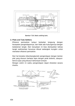 Gambar 7 .30. Static settling tank.


2. Plate and Tube Settlers
   Efisiensi pemisahan lumpur berkaitan langsung dengan
   kecepatan pengendapannya, dan tidak ada hubungannya dengan
   kedalaman tangki. Dari kenyataan ini bisa disimpulkan bahwa
   tangki sedimentasi harusnya dibuat sedangkal mungkin untuk
   menaikan efisiensi pemisahan.

  Dari hal tersebut dikembangkanlah pengendapan dengan bentuk
  plat yang disusun berlapis lapis dengan jarak tertentu, ataupun
  bent,ik pipa yang disusun bertumpuk tumpuk.
  Dengan sistim ini waktu pengendapan dapat direduksi secara
  drastis.




634
 