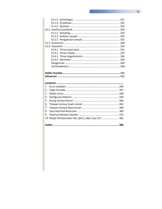 ix

     15.1.3. Sentrifugasi ................................................................... 321
     15.1.4. Kristalisasi...................................................................... 322
     15.1.5. Destilasi ......................................................................... 323
15.2. Analisis kuantitatif..................................................................... 324
     15.2.1. Sampling ........................................................................ 324
     15.2.2. Sediaan sampel ............................................................. 324
     15.2.3. Pengukuran sampel....................................................... 325
15.3. Gravimetri ................................................................................. 328
15.4. Volumetri .................................................................................. 329
     15.4.1. Titrasi asam basa ........................................................... 331
     15.4.2. Titrasi redoks ................................................................. 332
     15.4.3. Titrasi Argentometri ...................................................... 334
     15.4.4. Nitrimetri....................................................................... 334
      Rangkuman ............................................................................... 336
      Uji Kompetensi .......................................................................... 338

Daftar Pustaka ................................................................................ 340
Glosarium ....................................................................................... 342

Lampiran .............................................................................................
1. Kunci Jawaban ............................................................................. 356
2. Tabel Periodik .............................................................................. 357
3. Daftar Unsur ................................................................................ 358
4. Konfigurasi Elektron .................................................................... 359
5. Energi Ionisasi Kation .................................................................. 360
6. Tetapan Ionisasi Asam Lemah ..................................................... 361
7. Tetapan Ionisasi Basa Lemah ...................................................... 368
8. Data Hasil Kali Kelarutan ............................................................. 369
9. Potensial Reduksi Standar ........................................................... 373
10. Eltalpi Pembentukan Std. (∆Hf°), (∆Gf°) dan (S°). ........................ 381

Indeks ............................................................................................ 386
 