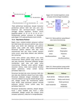 272




                                                                        Bagan 13.9. Contoh kopolimer untuk
                                                                         senyawa stirena dengan butadiena




 Pada polimerisasi kondensasi, banyak monomer
pembentuk polimer lebih dari satu jenis atau
terbentuk dari bermacam macam monomer,
sehingga disebut kopolimer. Struktur umum
kopolimer adalah –A – B – A – B – A – B – A – B – .
Pembentukan polimer semacam ini ditunjukan
pada Bagan 13.9, pada pembuatan karet sintetik.
                                                                       Tabel 13.2. Nama polimer yang didasari
13.4. Tata Nama Polimer                                                       atas nama monomernya
Begitu besar molekul molekul penyusun polimer
dan tidak hanya dari satu jenis polimer saja, namun
                                                                          Monomer                Polimer
dapat pula terdiri dari beberapa unit polimer
seperti yang sudah kita bahas sebelumnya.                                    etilen             Polietilen
Penamaan polimer didasari oleh atas nama
monomernya baik dari nama sumber ataupun                                   propilen            Polipropilen
nama umum, yang kedua didasari atas taktisitas                               stiren             Polistiren
dan isomernya.
                                                                       tetrafluoroetilena           Poli
Untuk nama polimer yang didasari atas nama                                                  tetrafluoroetilena
monomernya adalah polimer yang disusun oleh
satu kata monomer. Penamaan dilakukan dengan
memberikan awal kata poli pada nama
monomernya. Misalnya untuk polimer dengan
monomer stirena, maka nama polimer tersebut                            Tabel 13.3. Nama polimer yang jumlah
adalah polistirena. Untuk contoh lainnya                               kata monomernya lebih dari satu kata
perhatikan Tabel 13.2.
Penamaan berubah jika nama monomer lebih dari                             Monomer                Polimer
satu kata atau didahului sebuah huruf atau angka.
Penamaan dilakukan dengan meletakkan nama                                Asam akrilat       Poli(asam akrilat)
monomer didalam kurung dan diawali dengan kata                             metil stiren     Poli( metil stiren)
poli, sebagai contoh, jika monomernya adalah
asam akrilat, maka penamaan polimer menjadi                               1 pentena          Poli(1 pentena)
poli(asam akrilat). Untuk contoh yang lain                             metil metakrilat        Poli(metil
perhatikan Tabel 13.3.                                                                         metakrilat)
Penamaan berdasarkan taktisitas, diawali dengan
huruf i untuk isotaktik atau huruf s untuk
sindiotaktik. Sebagai contoh kita tuliskan nama
senyawa i polistiren, maka hal ini mengindikasikan


Kimia Kesehatan, Direktorat Pembinaan Sekolah Menengah Kejuruan 2007
 