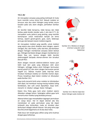 282



 14.2. Air
 Air merupakan senyawa yang paling melimpah di muka
 bumi memiliki rumus kimia H2O. Sebuah molekul air
 tersusun atas dua atom hidrogen yang terikat secara
 kovalen pada satu atom oksigen, perhatikan Gambar
 14.1.
 Air bersifat tidak berwarna, tidak berasa dan tidak
 berbau pada kondisi standar yaitu 1 atm dan 0 °C. Air
 merupakan suatu pelarut yang penting, yang memiliki
 kemampuan untuk melarutkan banyak zat kimia
 lainnya, seperti garam garam, gula, asam, beberapa
 jenis gas dan banyak macam molekul organik.
 Air merupakan molekul yang spesifik, untuk molekul
 yang sejenis atau atom disekitar atom oksigen, seperti                Gambar 14.1. Molekul air dengan
 nitrogen, flor, dan Posfor, sulfur dan klor, jika berikatan                 orientasi ruang dan sudut
 dengan hidrogen membentuk senyawa dalam bentuk                                             ikatannya
 gas. Hidrogen berikatan dengan oksigen membentuk air
 dalam fasa cair, karena oksigen lebih bersifat
 elektronegatif daripada elemen elemen lain tersebut
 (kecuali flor).
 Atom oksigen menarik elektron elektron ikatan jauh
 lebih kuat dari pada yang dilakukan oleh atom
 hidrogen, sehingga kedua atom hidrogen bermuatan
 parsial positif ( +) dan atom oksigen bermuatan parsial
 negatif ( ). Adanya muatan pada tiap tiap atom
 tersebut membuat molekul air memiliki momen dipol.
 Proses terjadinya dipol dalam molekul air ditunjukan
 pada Gambar 14.2.
 Gaya tarik menarik listrik antar molekul air ditimbulkan
 oleh dipol, hal membuat masing masing molekul saling
 berdekatan, dan sulit untuk dipisahkan. Gaya tarik
 menarik ini disebut sebagai ikatan hidrogen.
 Dalam ilmu fisika gaya tarik antar molekul sejenis                      Gambar 14.2. Momen dipol dan
 dikatakan sebagai kohesi. Sedangkan adhesi gaya tarik                 ikatan hidrogen pada molekul air
 menarik antar molekul yang berbeda jenisnya.
 Adanya kohesi juga menyebabkan tegangan permukaan
 air cukup besar. Hal ini dapat diamati jika kita
 meneteskan air pada permukaan yang tak dapat
 terbasahi atau terlarutkan, maka air tersebut akan
 berkumpul sebagai sebuah tetesan. Hal yang sama juga
 bisa kita amati bagaimana air di atas daun talas.
 Pada kasus lain terjadi gaya adhesi yang sama kuatnya
 dengan gaya kohesinya.

Kimia Kesehatan, Direktorat Pembinaan Sekolah Menengah Kejuruan 2007
 