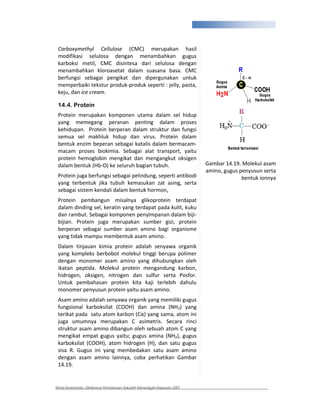 292



 Carboxymethyl Cellulose (CMC) merupakan hasil
 modifikasi selulosa dengan menambahkan gugus
 karboksi metil, CMC disintesa dari selulosa dengan
 menambahkan kloroasetat dalam suasana basa. CMC
 berfungsi sebagai pengikat dan dipergunakan untuk
 memperbaiki tekstur produk produk seperti : jelly, pasta,
 keju, dan ice cream.

 14.4. Protein
 Protein merupakan komponen utama dalam sel hidup
 yang memegang peranan penting dalam proses
 kehidupan. Protein berperan dalam struktur dan fungsi
 semua sel makhluk hidup dan virus. Protein dalam
 bentuk enzim beperan sebagai katalis dalam bermacam
 macam proses biokimia. Sebagai alat transport, yaitu
 protein hemoglobin mengikat dan mengangkut oksigen
 dalam bentuk (Hb O) ke seluruh bagian tubuh.                          Gambar 14.19. Molekul asam
                                                                       amino, gugus penyusun serta
 Protein juga berfungsi sebagai pelindung, seperti antibodi                          bentuk ionnya
 yang terbentuk jika tubuh kemasukan zat asing, serta
 sebagai sistem kendali dalam bentuk hormon,
 Protein pembangun misalnya glikoprotein terdapat
 dalam dinding sel, keratin yang terdapat pada kulit, kuku
 dan rambut. Sebagai komponen penyimpanan dalam biji
 bijian. Protein juga merupakan sumber gizi, protein
 berperan sebagai sumber asam amino bagi organisme
 yang tidak mampu membentuk asam amino.
 Dalam tinjauan kimia protein adalah senyawa organik
 yang kompleks berbobot molekul tinggi berupa polimer
 dengan monomer asam amino yang dihubungkan oleh
 ikatan peptida. Molekul protein mengandung karbon,
 hidrogen, oksigen, nitrogen dan sulfur serta Posfor.
 Untuk pembahasan protein kita kaji terlebih dahulu
 monomer penyusun protein yaitu asam amino.
 Asam amino adalah senyawa organik yang memiliki gugus
 fungsional karboksilat (COOH) dan amina (NH2) yang
 terikat pada satu atom karbon (C ) yang sama, atom ini
 juga umumnya merupakan C asimetris. Secara rinci
 struktur asam amino dibangun oleh sebuah atom C yang
 mengikat empat gugus yaitu; gugus amina (NH2), gugus
 karboksilat (COOH), atom hidrogen (H), dan satu gugus
 sisa R. Gugus ini yang membedakan satu asam amino
 dengan asam amino lainnya, coba perhatikan Gambar
 14.19.


Kimia Kesehatan, Direktorat Pembinaan Sekolah Menengah Kejuruan 2007
 