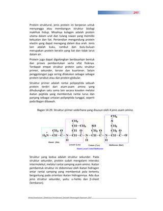 297



 Protein struktural, jenis protein ini berperan untuk
 menyangga atau membangun struktur biologi
 makhluk hidup. Misalnya kolagen adalah protein
 utama dalam urat dan tulang rawan yang memiliki
 kekuatan dan liat. Persendian mengandung protein
 elastin yang dapat meregang dalam dua arah. Jenis
 lain adalah kuku, rambut dan bulu buluan
 merupakan protein keratin yang liat dan tidak larut
 dalam air.
 Protein juga dapat digolongkan berdasarkan bentuk
 dan proses pembentukan serta sifat fisiknya.
 Terdapat empat struktur protein yaitu struktur
 primer, sekunder, tersier dan kuartener. Selain
 penggolongan juga sering dilakukan sebagai sebagai
 protein serabut atau dan protein globular.
 Struktur primer adalah rantai polipeptida sebuah
 protein terdiri dari asam asam amino yang
 dihubungkan satu sama lain secara kovalen melalui
 ikatan peptida yang membentuk rantai lurus dan
 panjang sebagai untaian polipeptida tunggal, seperti
 pada Bagan dibawah.

         Bagan 14.29. Struktur primer sederhana yang disusun oleh 4 jenis asam amino




 Struktur yang kedua adalah struktur sekunder. Pada
 struktur sekunder, protein sudah mengalami interaksi
 intermolekul, melalui rantai samping asam amino. Ikatan
 pembentuk struktur ini didominasi oleh ikatan hidrogen
 antar rantai samping yang membentuk pola tertentu
 bergantung pada orientasi ikatan hidrogennya. Ada dua
 jenis struktur sekunder, yaitu:     heliks dan sheet
 (lembaran).



Kimia Kesehatan, Direktorat Pembinaan Sekolah Menengah Kejuruan 2007
 